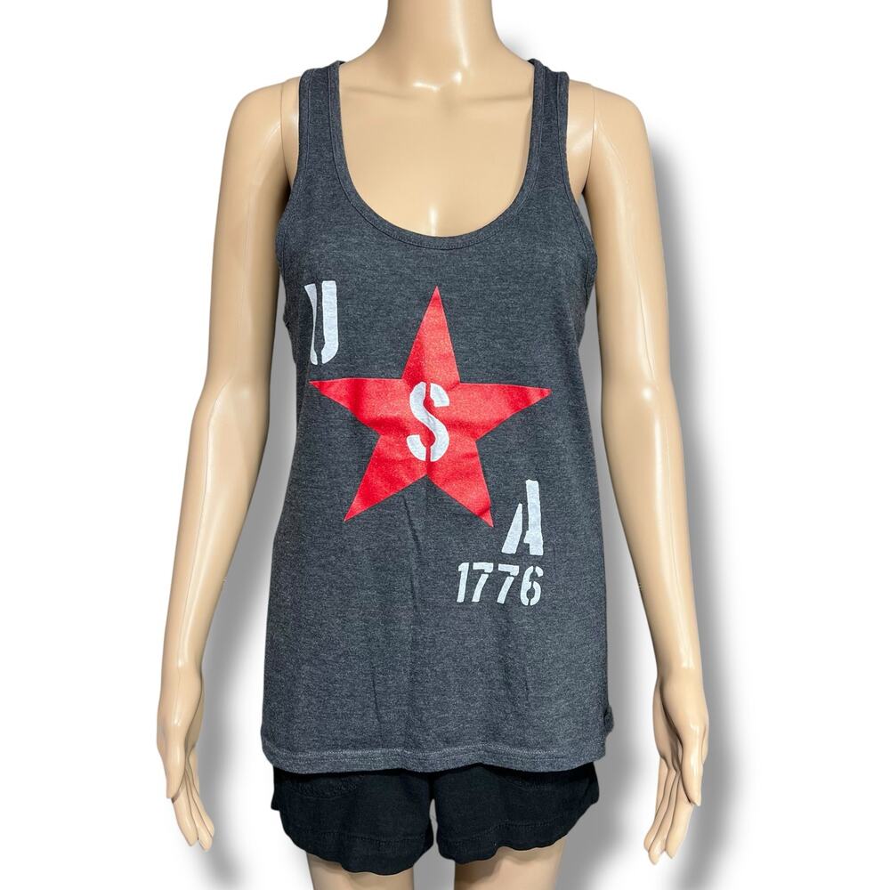 USA 1776 Patriotic Racerback Tank Top Gray Red Graphic Juniors XL 4th of July